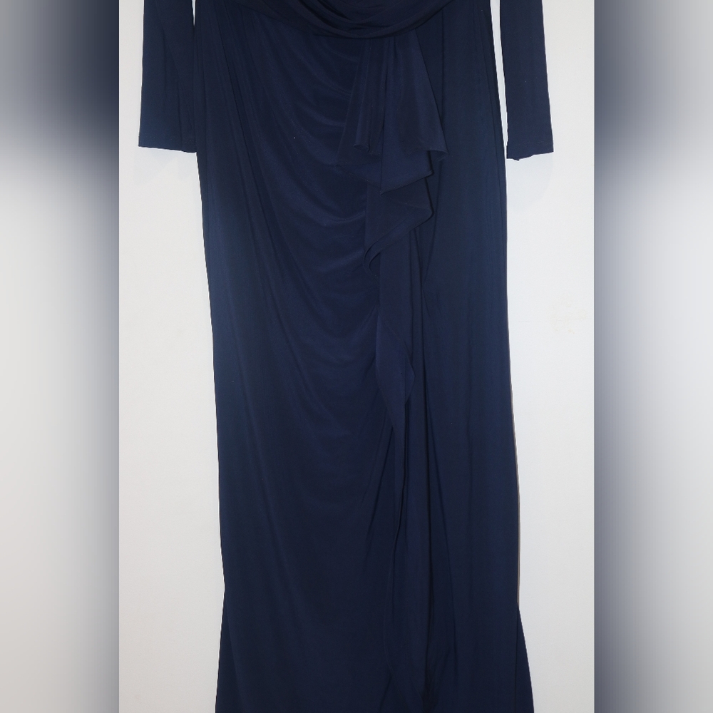 Betsy & Adam Ruffled Side-Slit Gown - Navy Blue - Picture 4 of 8